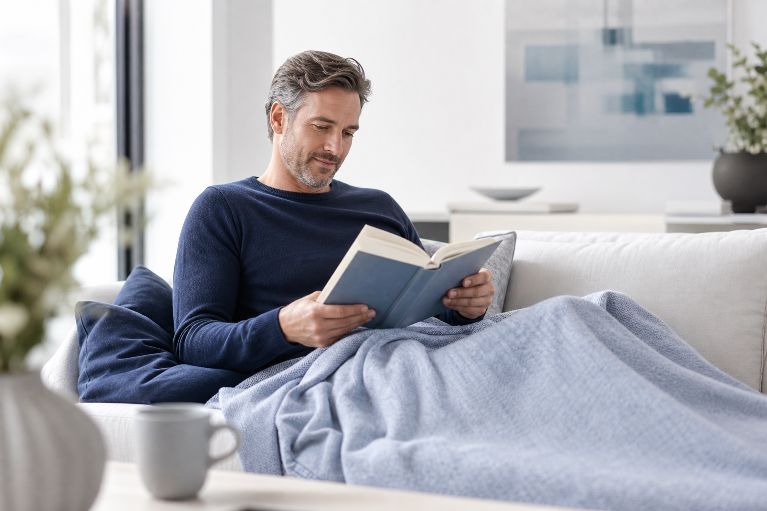 Entspannte Person beim Lesen zu Hause