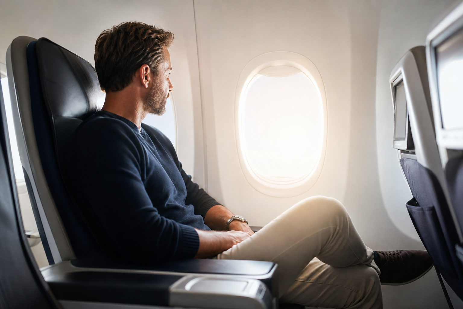 Reisender auf einem Sitzplatz am Flugzeugfenster