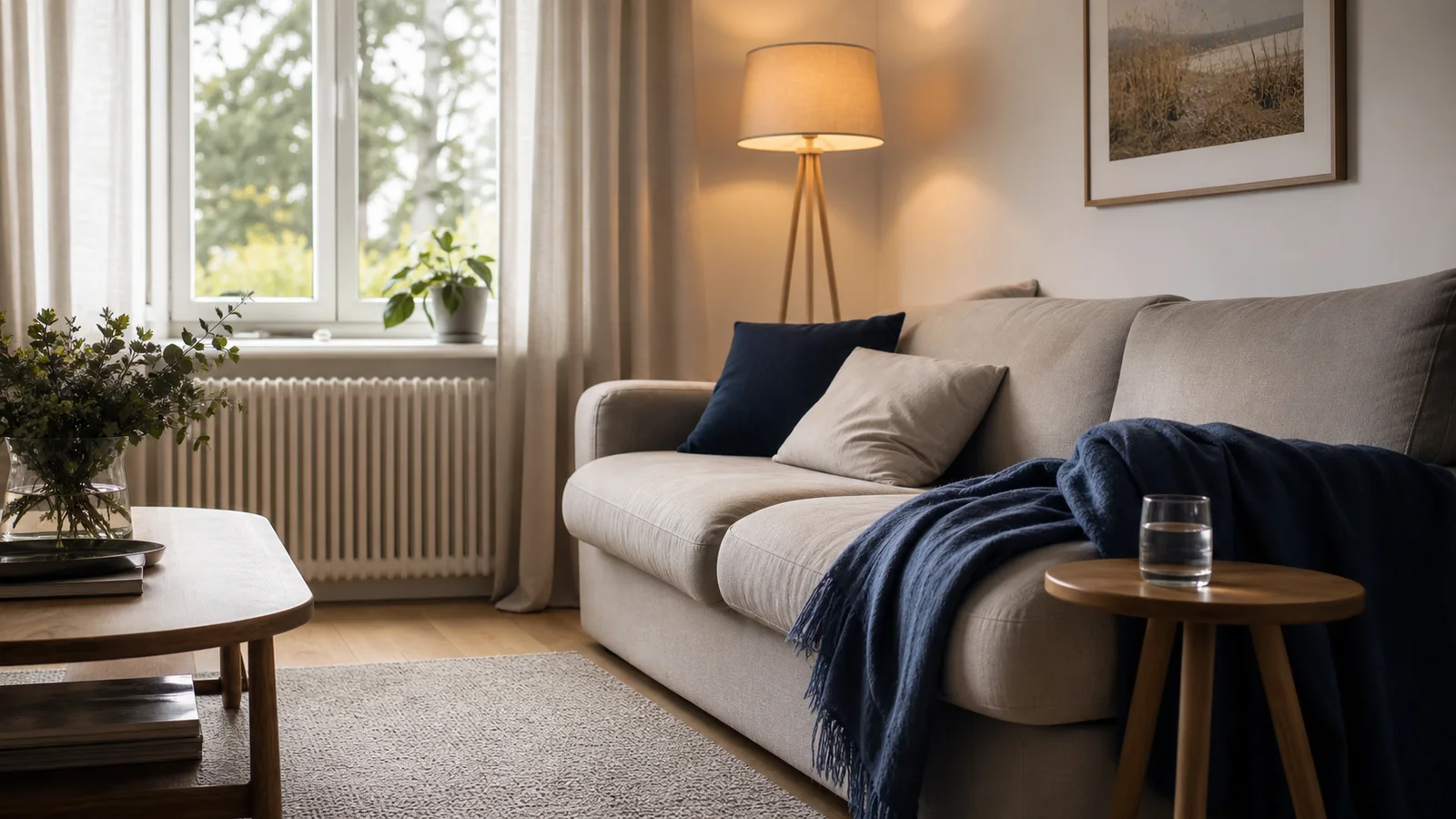 Ruhiges Wohnzimmer mit Sofa und dezenten blauen Textilien
