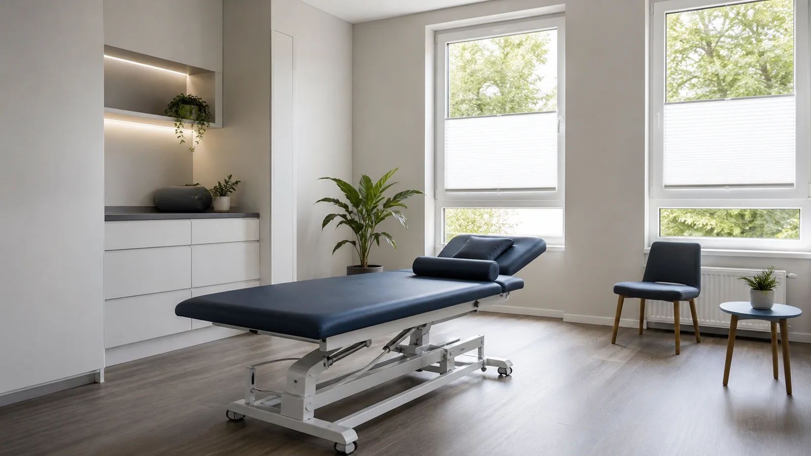 Heller moderner Behandlungsraum mit Therapieliege